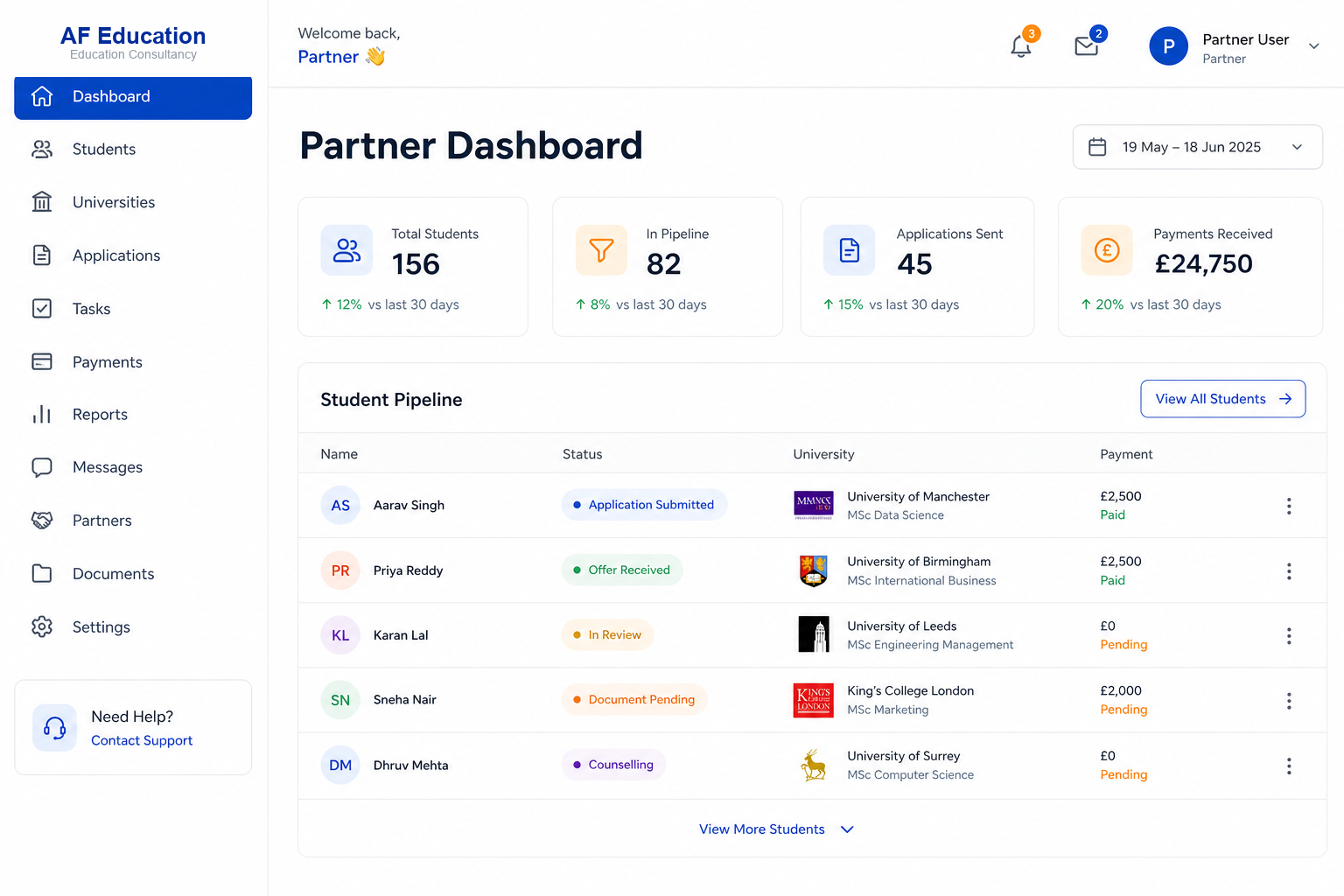 AF Education partner CRM dashboard showing student processing, payments, and documents