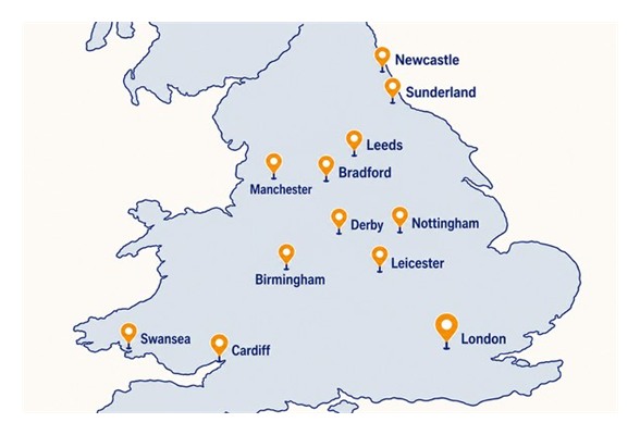 UK map illustration with campus city pins across England and Wales