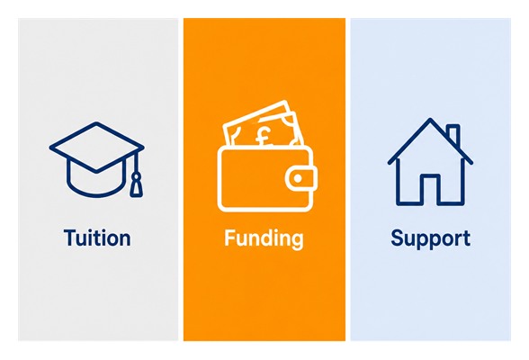 Tuition, funding and support icons in simple colour blocks