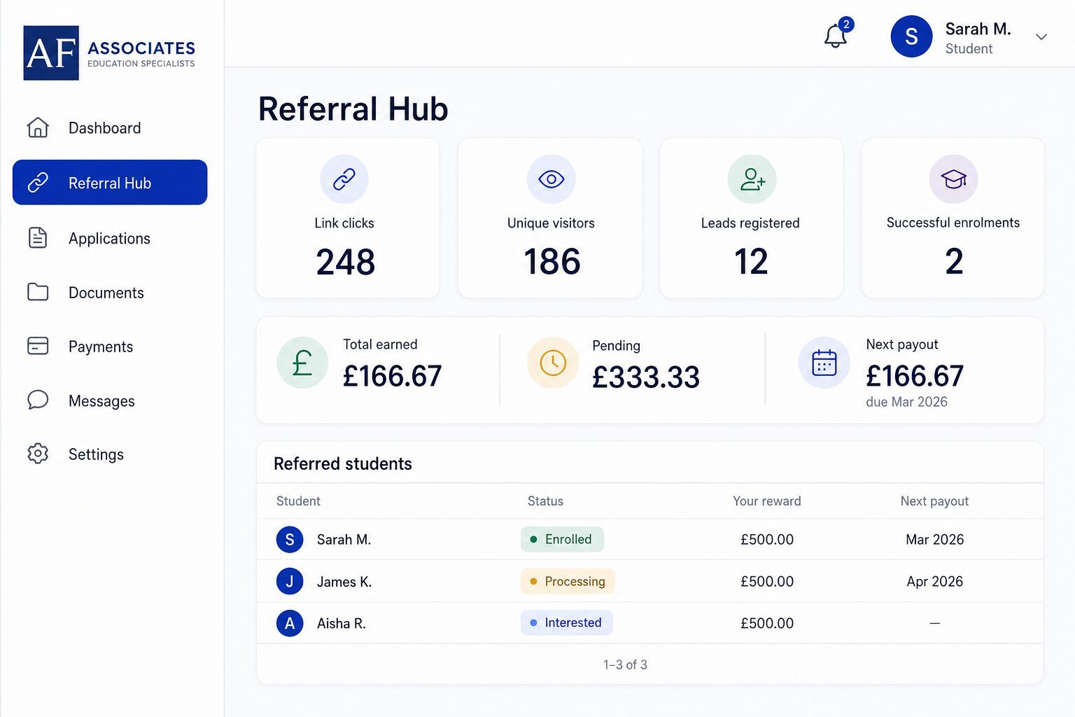 AF Education student portal Referral Hub showing link clicks, enrolments, and reward instalments