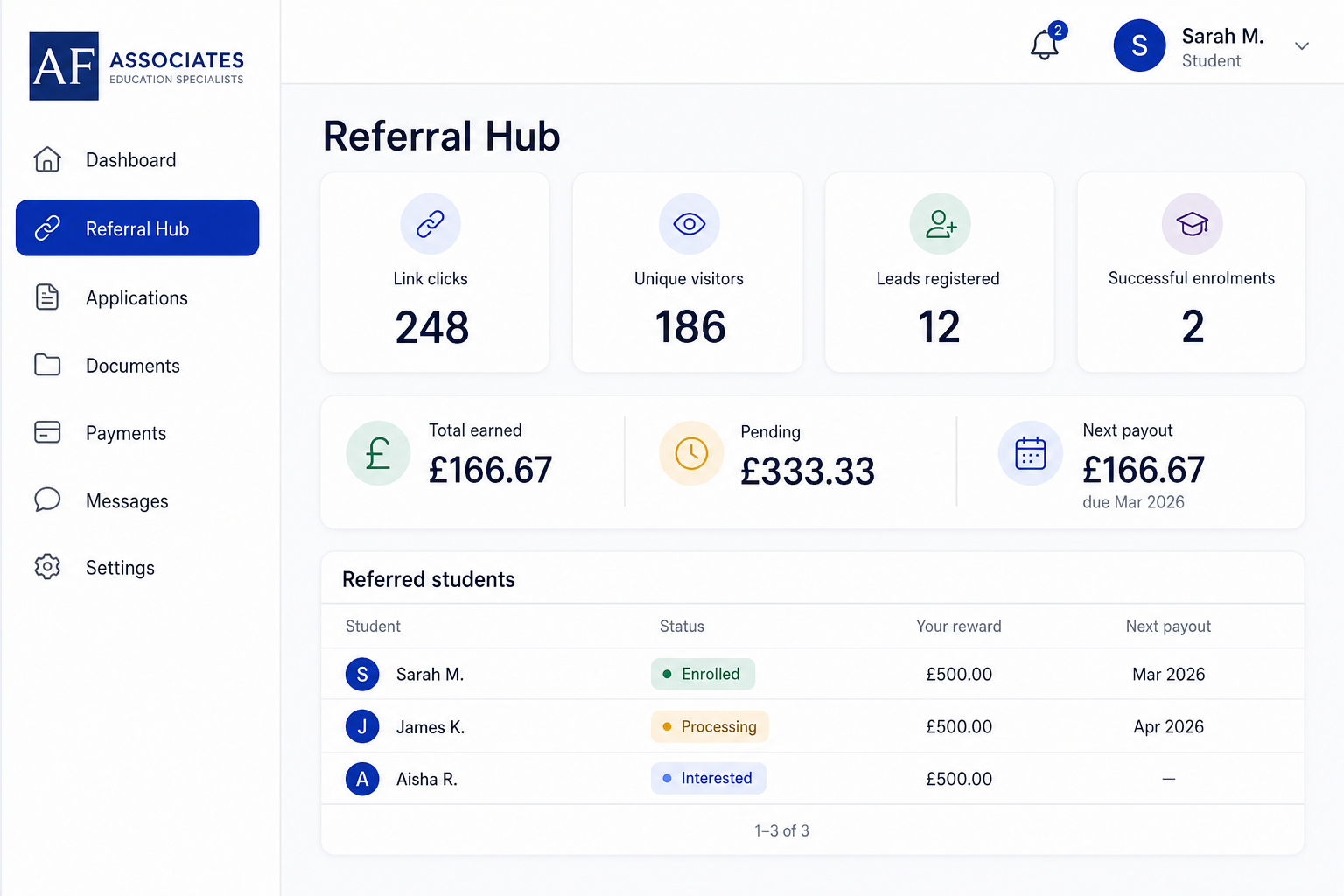 AF Education student portal Referral Hub showing link clicks, enrolments, and reward instalments