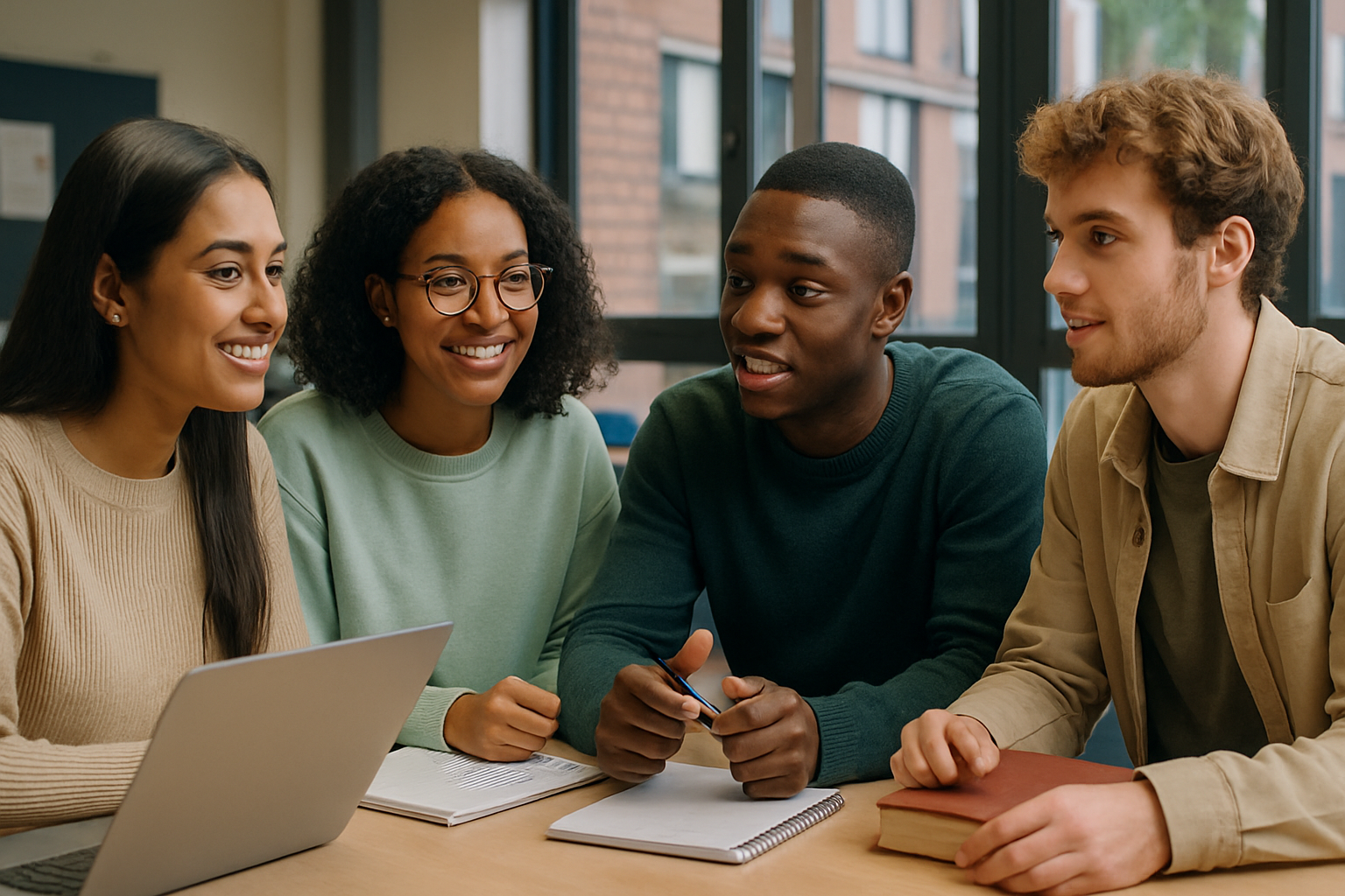 A group of students discussing their student finance options
