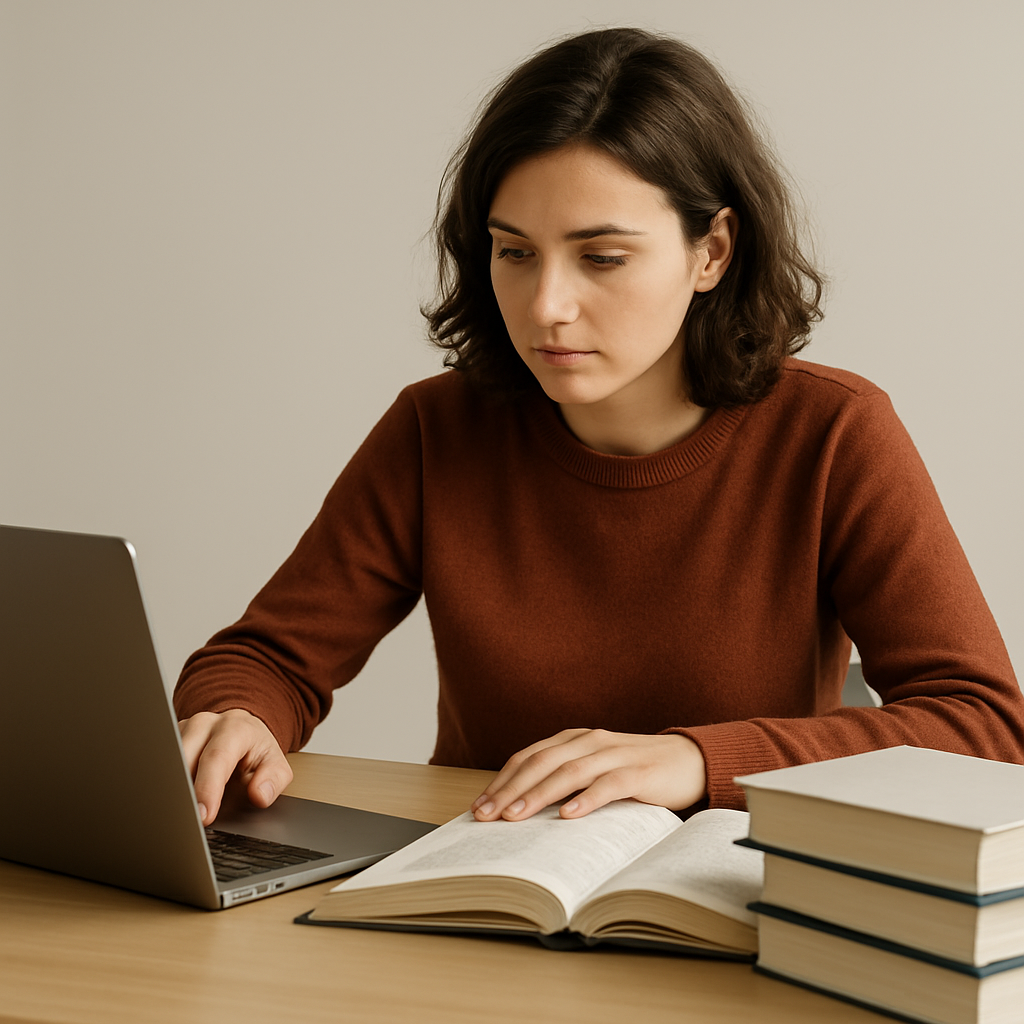 A person studying with a laptop and books